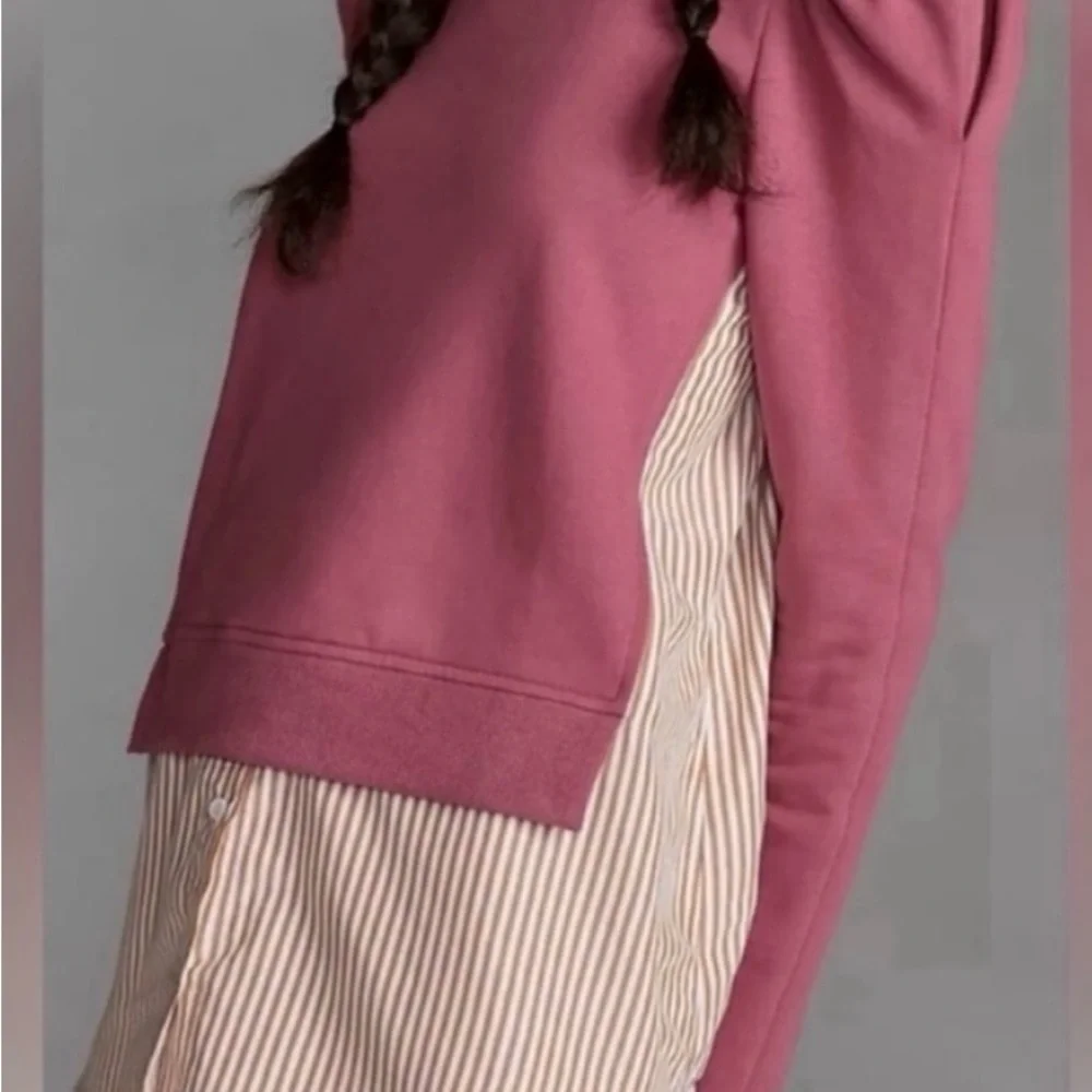 Maeve By Anthropolgie Puff Sleeve Sweatshirt With Striped Shirt Tunic Top Sz S - Picture 2 of 8